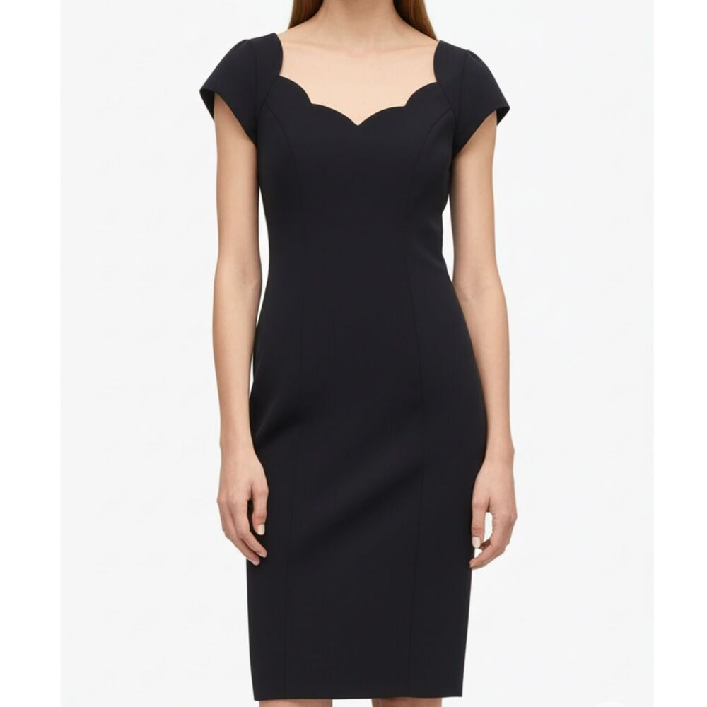 VTG 80s Virgo Black Scalloped Sweetheart Sheath Dress 6 Petite Made in Hong Kong